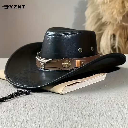 BYZNT Unisex Cowboy Hat | Bull Buckle & Studded Leather Band | Wide Brim Western Style | Jazz & Outdoor