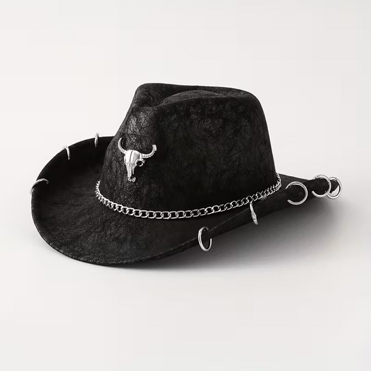 Unisex PU Suede Cowboy Hat | Bull Chain Detail | Western Punk Rock Style | Adjustable | Festivals & Outdoor