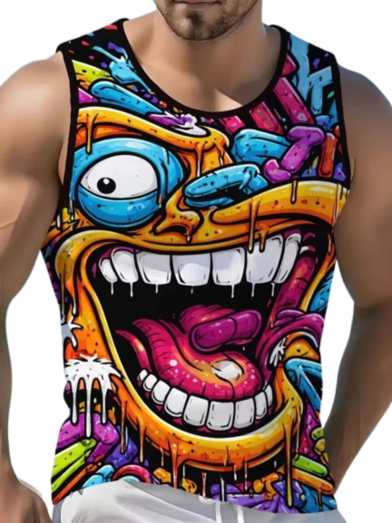 Mens 90s Hip Hop Graffiti Boombox Print Sleeveless Tank Top Breathable Casual Crew Neck Vest For Retro Street Summer Fashion Tee