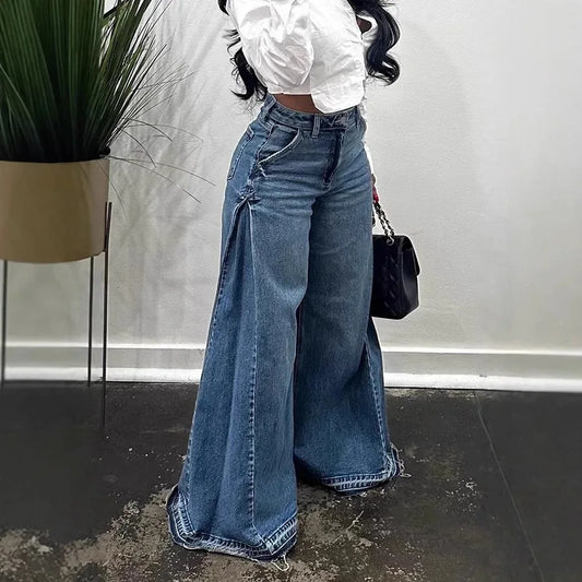 European American New Fashion Women's Spliced Casual Trendy Loose Wide Leg Flare Denim Trousers Female Streetwear Jeans Pants