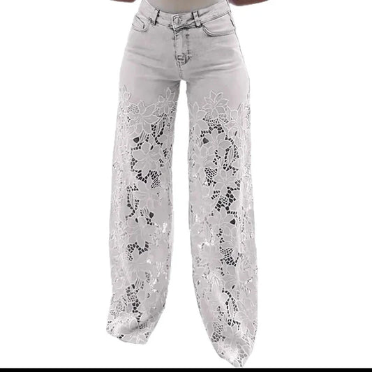 High Waist Wide Leg Jeans Pants Summer Fashionable Lace Splicing Hollow Out Denim Draping Jeans Ladies Cotton Zipper Spring