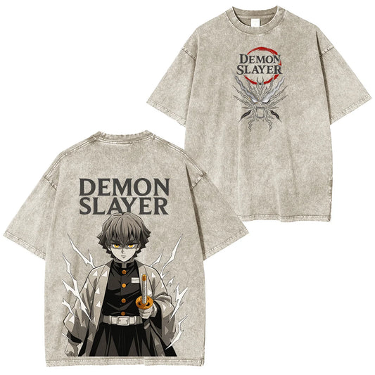 Unisex Anime Demon Slayer Graphic Oversized Vintage Washed Casual Y2k Tee