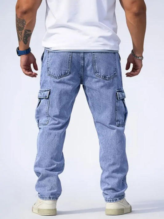 Men's Classic Multi-Pocket Jeans - Casual Street Style Regular Fit, Machine Washable, All-Season Wear, Light Blue Jeans