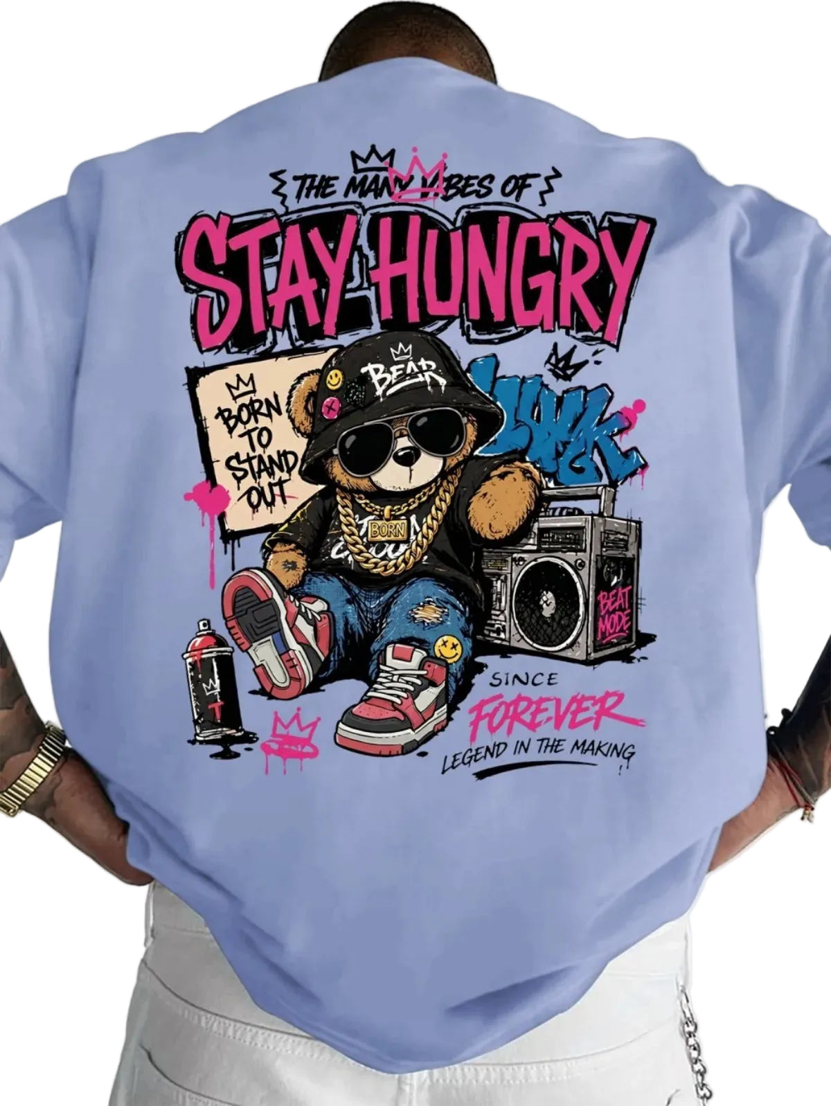 Stay Hungry Bear T-shirt – Streetwear Graffiti Print