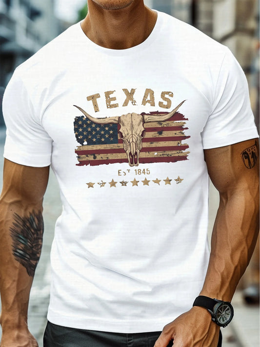 Men's Summer Fashionable Casual Loose Texas Longhorn Cow Skull Pattern Printed Round Neck Short-sleeved T-shirt