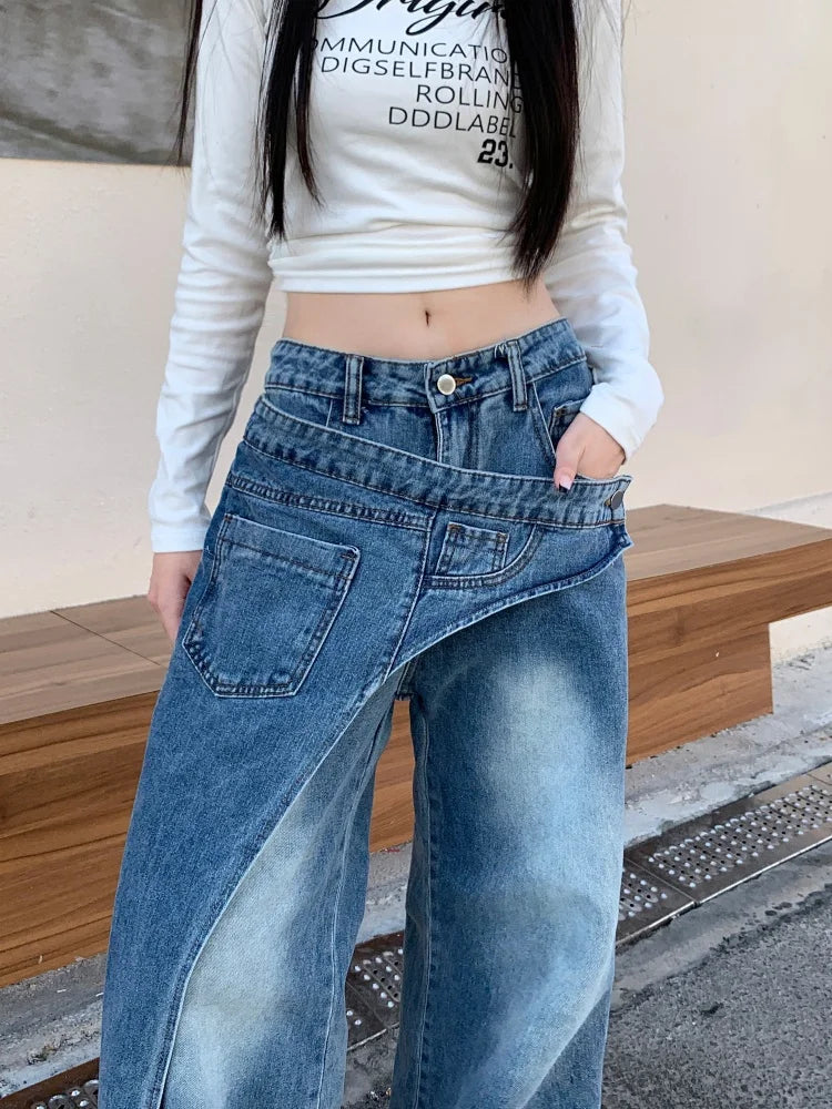 Wide Leg Jeans with Asymmetric Overlay | Iron Planet Studio