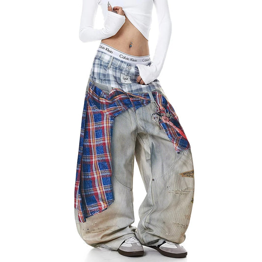 American Waed Plaid Print Denim Pants Women Summer Hip Hop Street Fake Two-Piece Wide Leg Casual Pants Casual Straight Leg