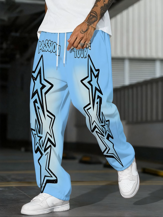 Interstellar Cruise Light Casual Pants – Starlight Blue Print, Straight Leg, Hip-Hop Style