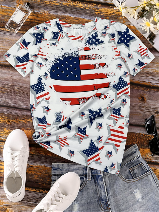 Independence Day Flag Print Round Neck T-Shirt – Women's Casual Short Sleeve Top