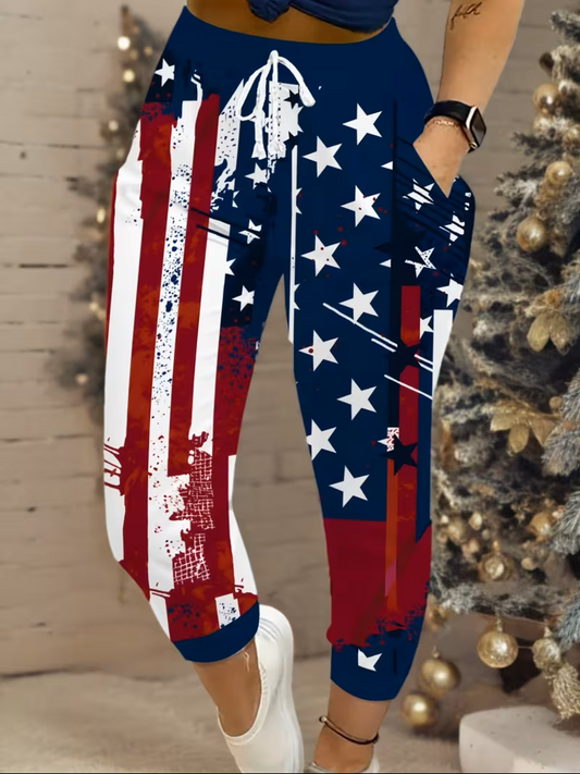 Women's Casual 3D American Flag Print Drawstring Pants with Pockets
