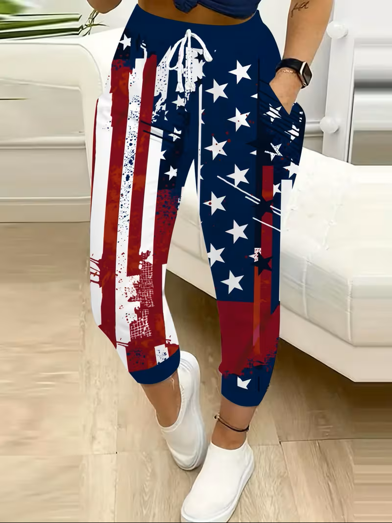 Women's Casual 3D American Flag Print Drawstring Pants with Pockets