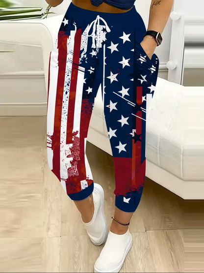 Women's Casual 3D American Flag Print Drawstring Pants with Pockets