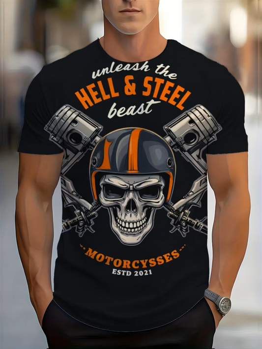 Men's Vintage Motorcycle Skull Graphic T-Shirt – Bold Beast Typography, Biker Streetwear Tee