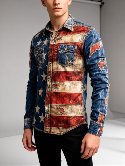 Men's Flag Shirt | Button-Up, Loose Long Sleeve, Comfortable & Casual, Perfect for Vacation, Street Style, Spring/Autumn
