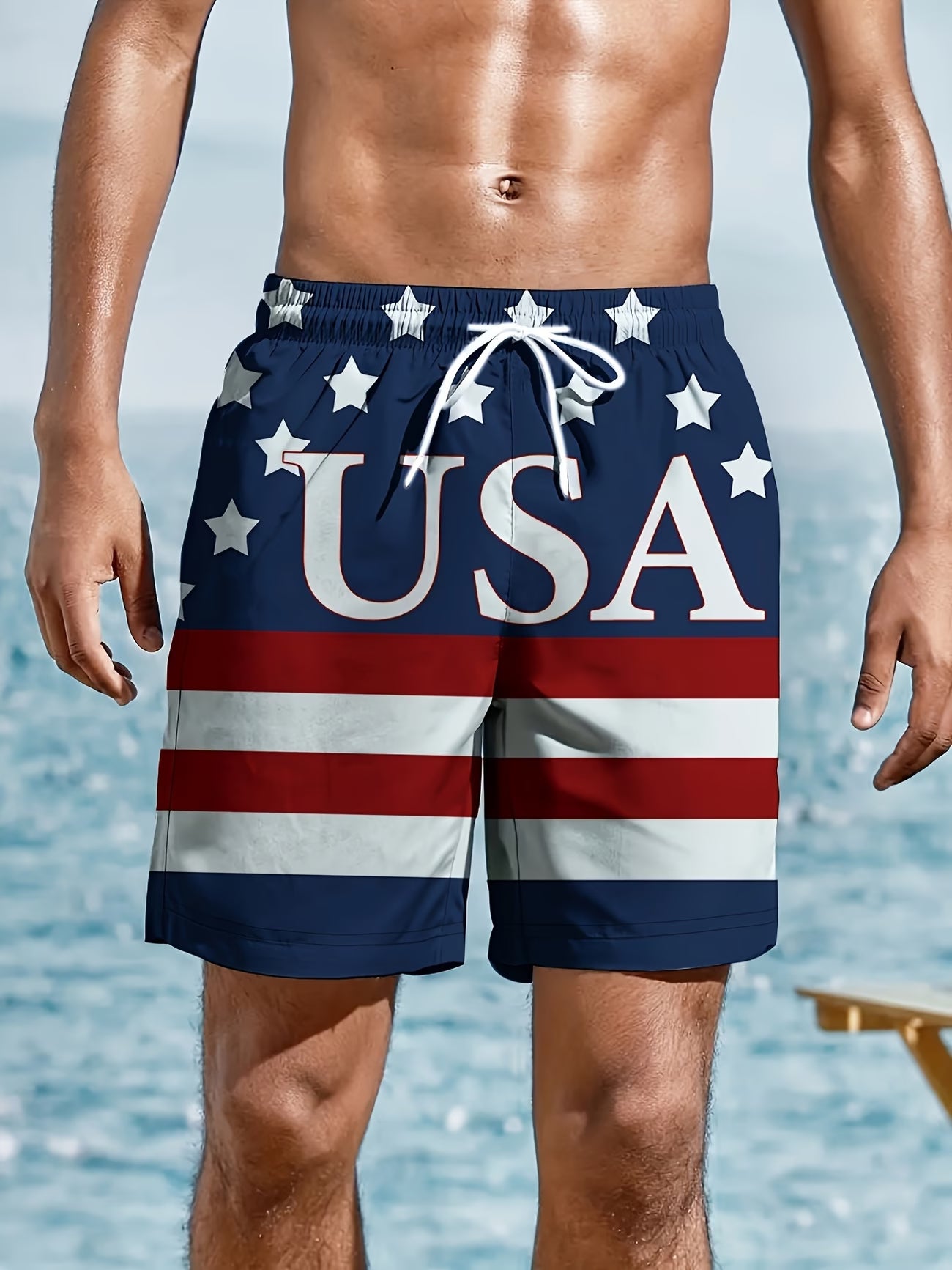 Men's Casual USA Flag Beach Shorts – American Patriotic Drawstring Swim Trunks