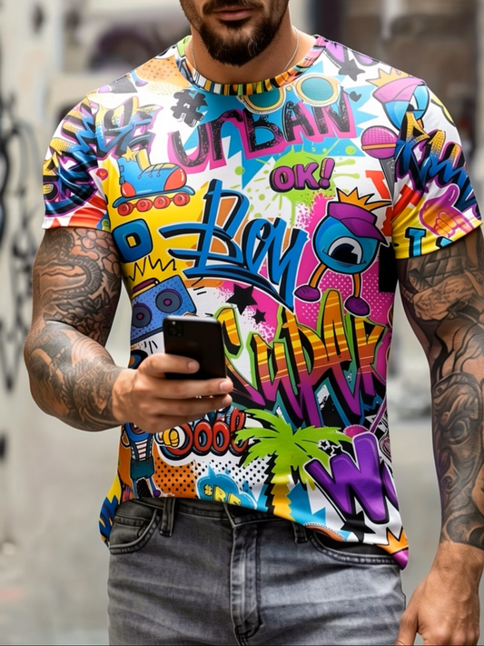 Men's Short Sleeve Crew Neck T-Shirt – Digital Graffiti & Cartoon Print, Trendy Summer Outdoor Tee