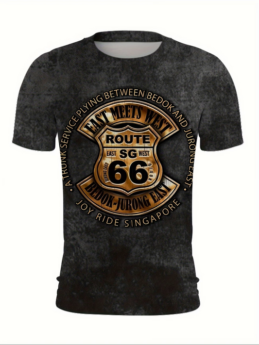 Men's Retro Route 66 Letter Print T-Shirt – Short Sleeve Crew Neck Summer Streetwear