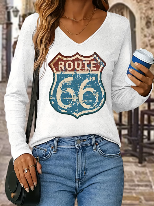 Women's Route 66 Vintage Print V-Neck Long Sleeve T-Shirt – Casual Loose Breathable Top