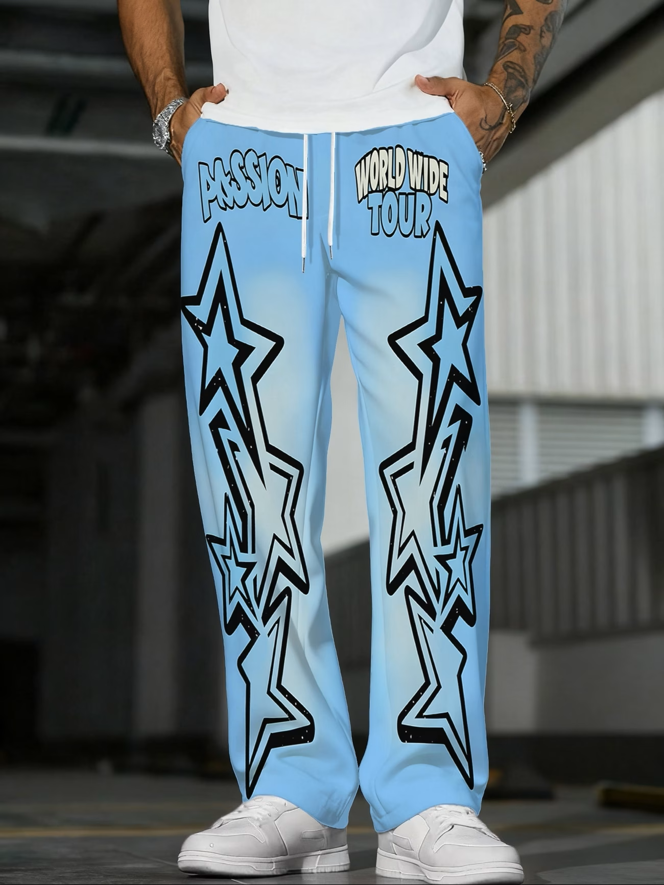 Interstellar Cruise Light Casual Pants – Starlight Blue Print, Straight Leg, Hip-Hop Style