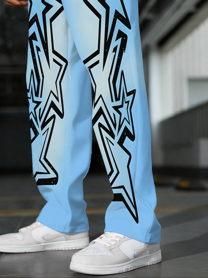 Interstellar Cruise Light Casual Pants – Starlight Blue Print, Straight Leg, Hip-Hop Style