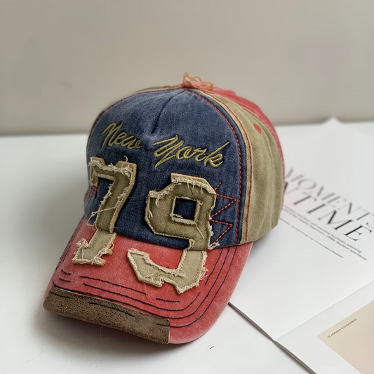 Vintage Color Block Baseball Cap – Washed Embroidered Letter Snapback, Unisex Long Brim Hat with Number 79 Patch, Curved Brim Trucker Cap