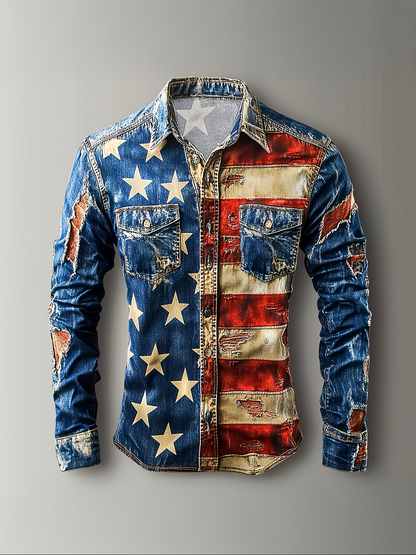 Men's Flag Shirt | Button-Up, Loose Long Sleeve, Comfortable & Casual, Perfect for Vacation, Street Style, Spring/Autumn