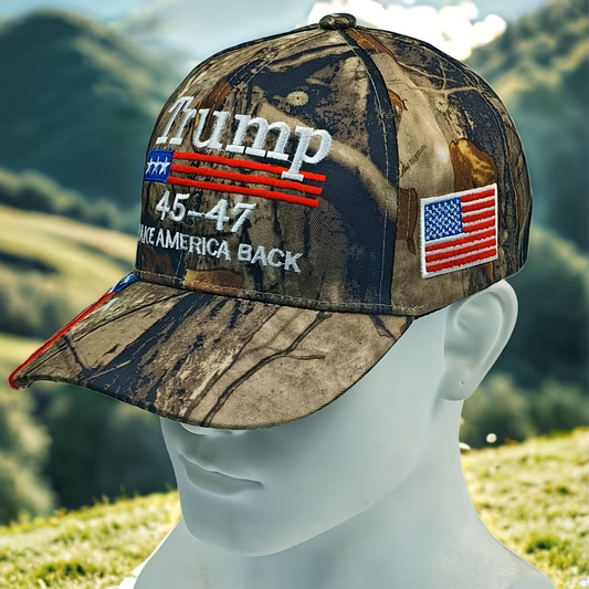 Trump 45-47 Take America Back Baseball Cap – Camo Edition with American Flag Embroidery