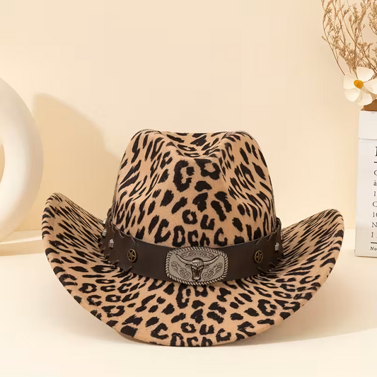 Western Panama Hat | Leopard Print & Detachable Bull Head Ornament | Outdoor Adventures & Everyday Wear