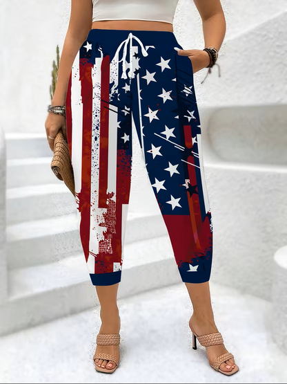 Women's Casual 3D American Flag Print Drawstring Pants with Pockets