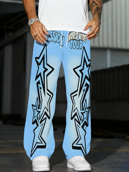Interstellar Cruise Light Casual Pants – Starlight Blue Print, Straight Leg, Hip-Hop Style