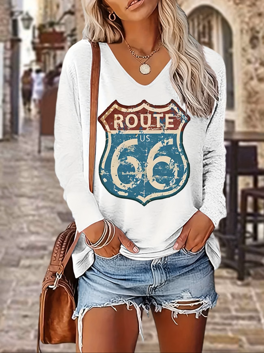 Women's Route 66 Vintage Print V-Neck Long Sleeve T-Shirt – Casual Loose Breathable Top