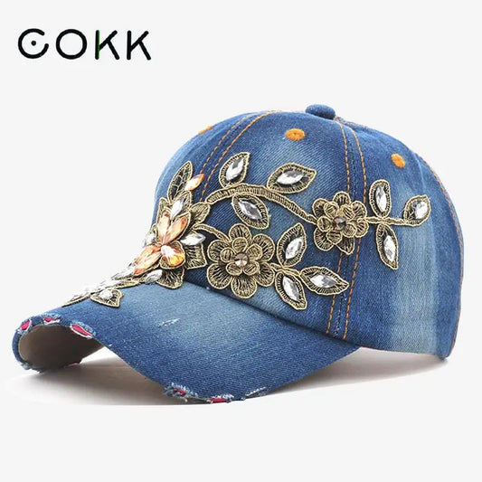 COKK Women's Baseball Cap — Floral Embroidery Denim Snapback Hat