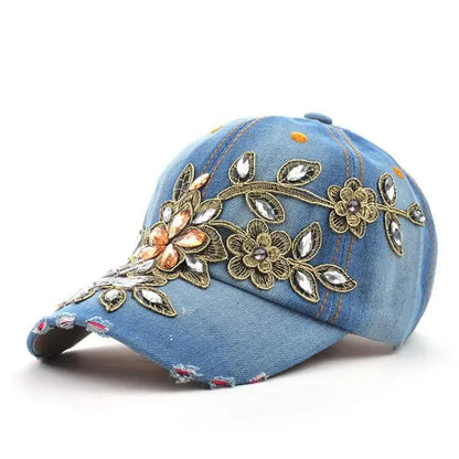 COKK Women’s Baseball Cap – Floral Denim Elegance