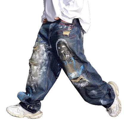 Corner Style Spring and Summer Japanese Retro Washed Jeans Korean Style Loose Wide-Leg Splash-Ink Tie-Dye Couple Jeans