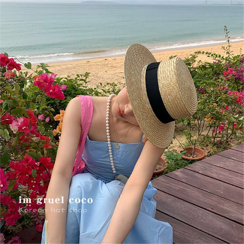 Spring and Summer New Style Beach Hat for Seaside Vacation, Sun Protection, Chanel-Inspired Red Elegant Fashion Flat-Top Flat-Brimmed Hat Trend