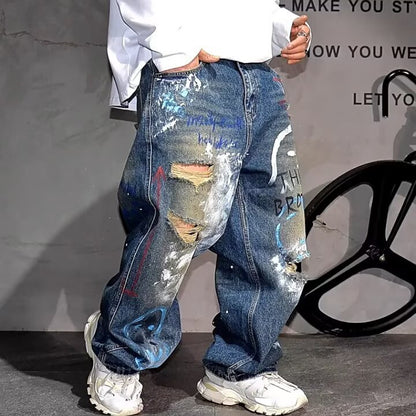 Corner Style Spring and Summer Japanese Retro Washed Jeans Korean Style Loose Wide-Leg Splash-Ink Tie-Dye Couple Jeans