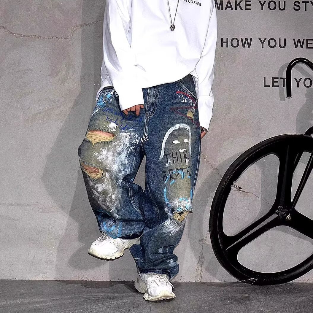 Corner Style Spring and Summer Japanese Retro Washed Jeans Korean Style Loose Wide-Leg Splash-Ink Tie-Dye Couple Jeans