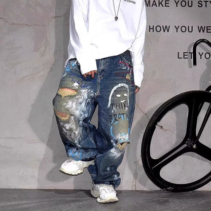 Corner Style Spring and Summer Japanese Retro Washed Jeans Korean Style Loose Wide-Leg Splash-Ink Tie-Dye Couple Jeans