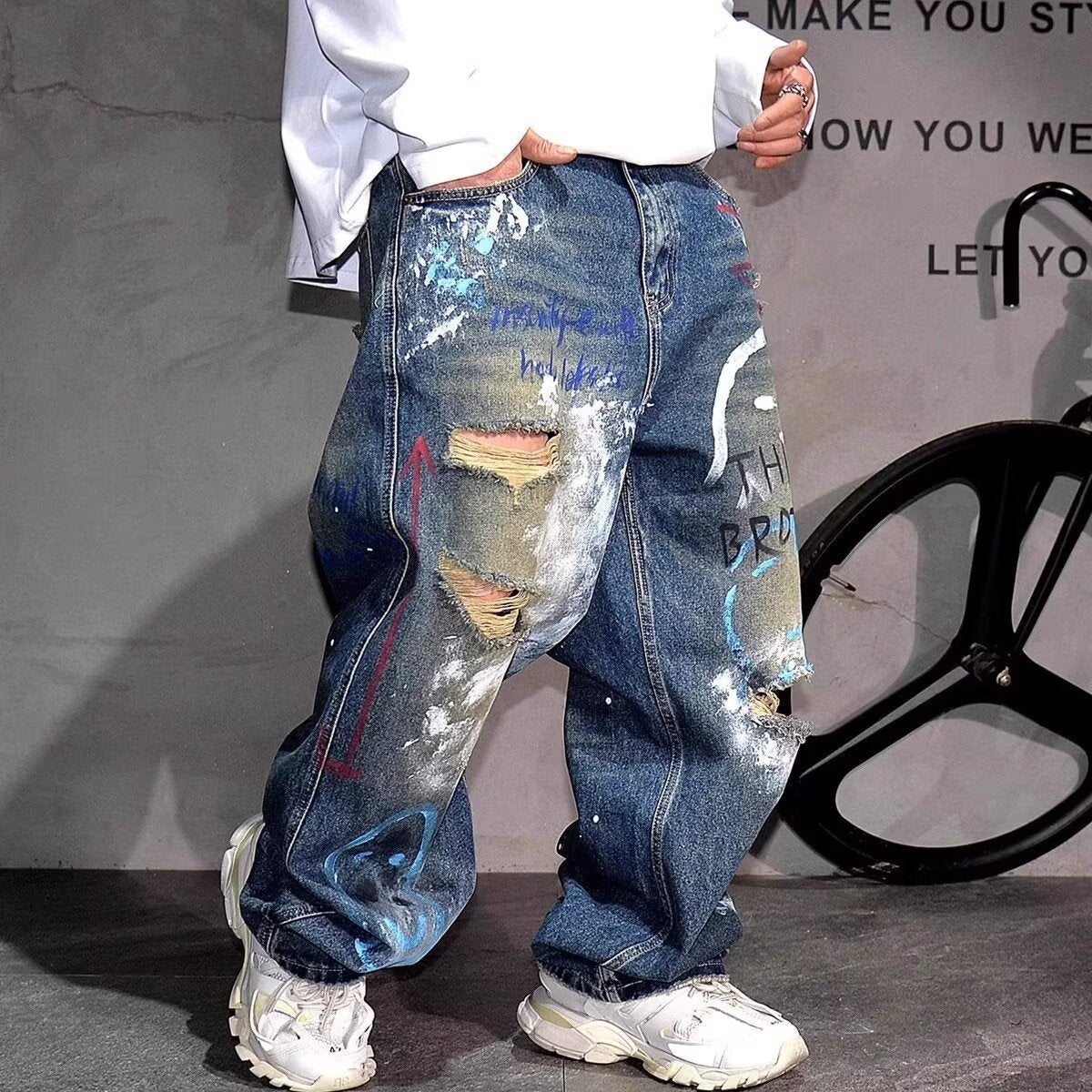 Corner Style Spring and Summer Japanese Retro Washed Jeans Korean Style Loose Wide-Leg Splash-Ink Tie-Dye Couple Jeans