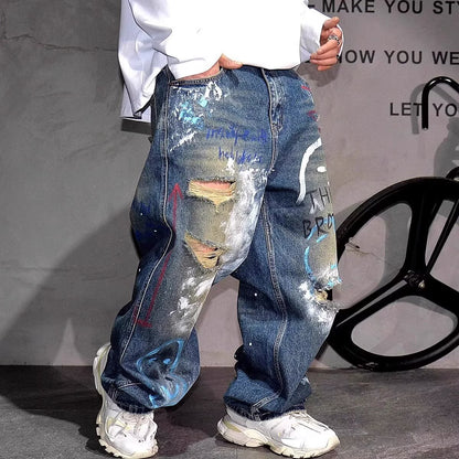 Corner Style Spring and Summer Japanese Retro Washed Jeans Korean Style Loose Wide-Leg Splash-Ink Tie-Dye Couple Jeans