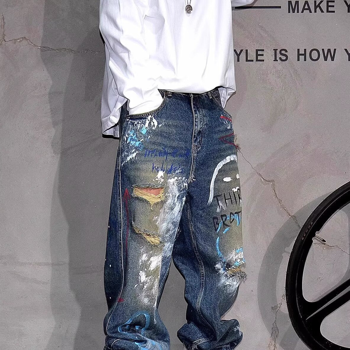 Corner Style Spring and Summer Japanese Retro Washed Jeans Korean Style Loose Wide-Leg Splash-Ink Tie-Dye Couple Jeans