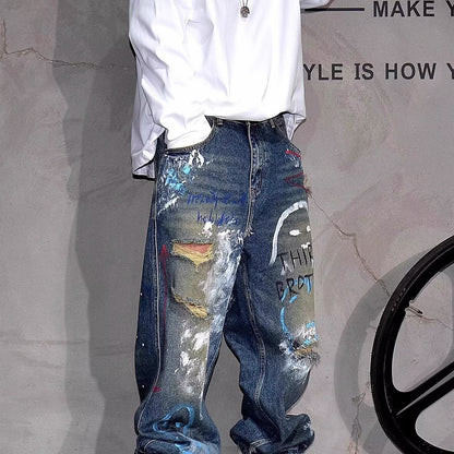 Corner Style Spring and Summer Japanese Retro Washed Jeans Korean Style Loose Wide-Leg Splash-Ink Tie-Dye Couple Jeans