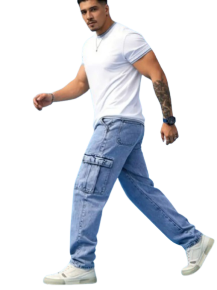 Men's Classic Multi-Pocket Jeans - Casual Street Style Regular Fit, Machine Washable, All-Season Wear, Light Blue Jeans