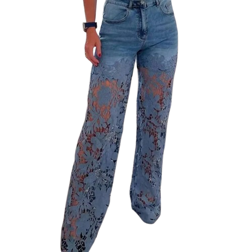 High Waist Wide Leg Jeans Pants Summer Fashionable Lace Splicing Hollow Out Denim Draping Jeans Ladies Cotton Zipper Spring