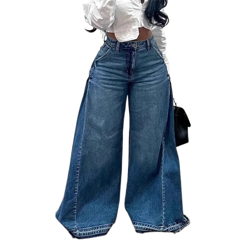 European American New Fashion Women's Spliced Casual Trendy Loose Wide Leg Flare Denim Trousers Female Streetwear Jeans Pants