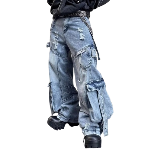 2025 Cyber Y2K Streetwear Washed Blue Baggy Ripped Cargo Jeans Pants For Men Clothing Wide Leg Vintage Loose Punk Denim Trousers