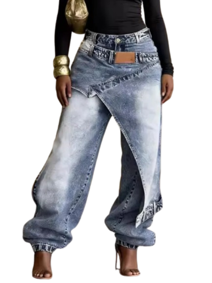 Ethnic Print Wide Leg Jeans – Asymmetric High Waist Denim