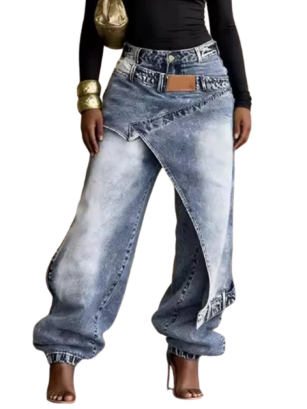 Ethnic Print Wide Leg Jeans – Asymmetric High Waist Denim