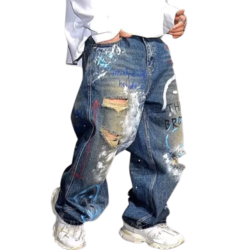 Corner Style Spring and Summer Japanese Retro Washed Jeans Korean Style Loose Wide-Leg Splash-Ink Tie-Dye Couple Jeans
