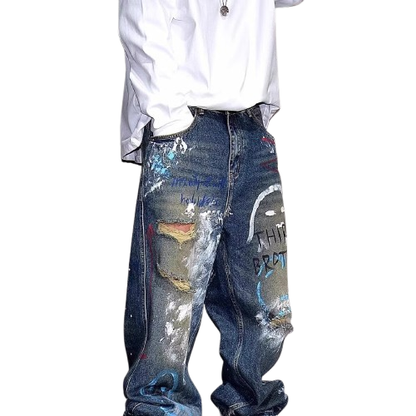 Corner Style Spring and Summer Japanese Retro Washed Jeans Korean Style Loose Wide-Leg Splash-Ink Tie-Dye Couple Jeans
